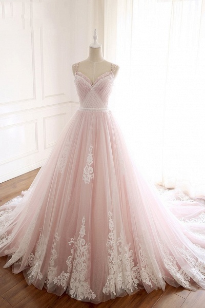 Graceful Spaghetti Straps Tulle A-Line Appliques Lace Floor-length Prom Dress_12