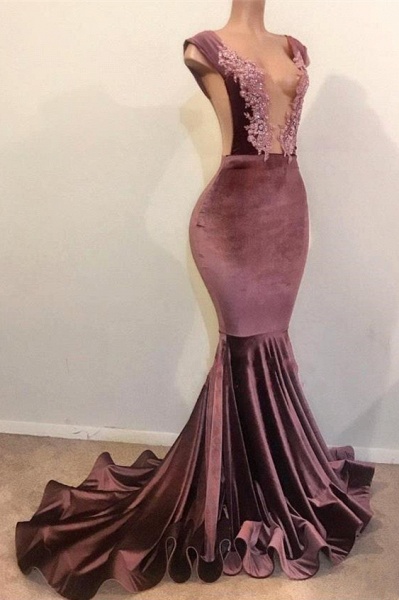 Mermaid Sleeveless Floor Length Appliques Velvet Prom Dresses_3