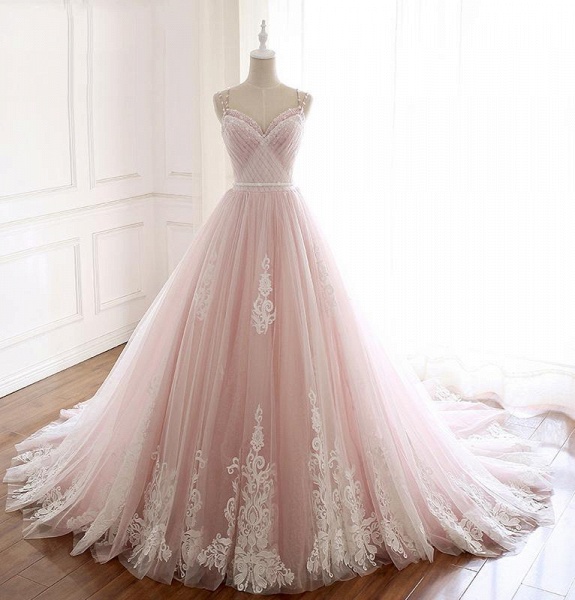 Graceful Spaghetti Straps Tulle A-Line Appliques Lace Floor-length Prom Dress_7