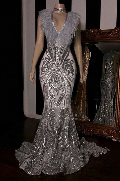 Glamorous V-neck Sleeveless Mermaid Sequins Long Prom Dresses_1