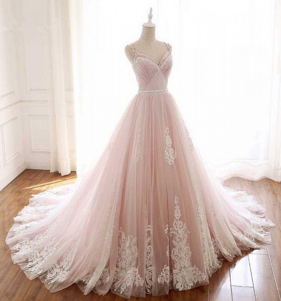 Graceful Spaghetti Straps Tulle A-Line Appliques Lace Floor-length Prom Dress_2