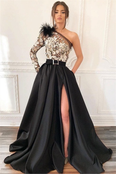 Long A-line One Shoulder Appliques Lace Front Slit Prom Dress with Sleeveds_1