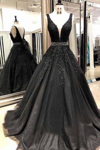 Classy Black Long A-Line V-neck Wide Straps Tulle Lace Open Back Prom Dress_1