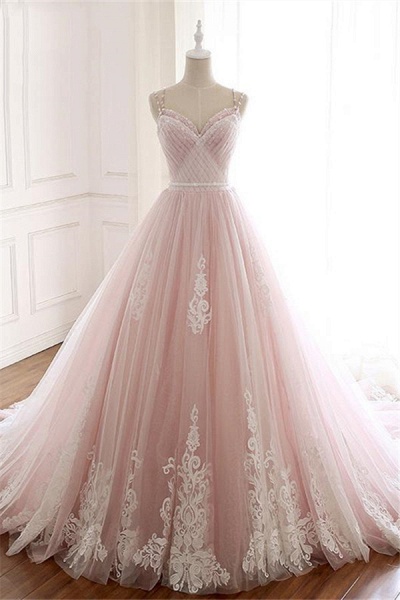 Graceful Spaghetti Straps Tulle A-Line Appliques Lace Floor-length Prom Dress_1