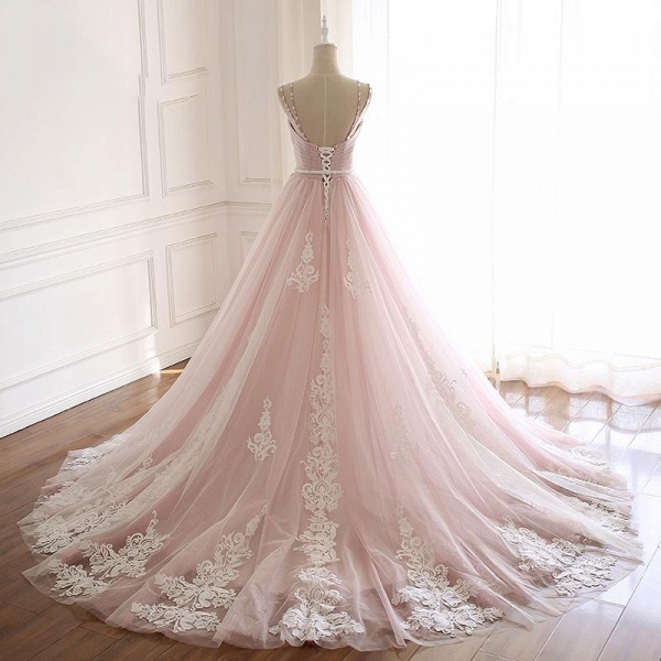 Graceful Spaghetti Straps Tulle A-Line Appliques Lace Floor-length Prom Dress_3