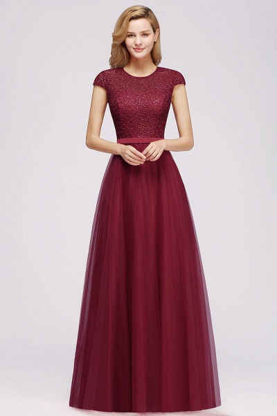 Delicate Bateau Short Sleeves A-Line Tulle Ruffles Floor-length Prom Dress_1