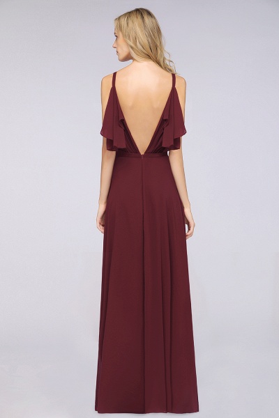 A-Line Chiffon V-Neck Straps Sleeveless Ruffles Floor-Length Bridesmaid Dress with Pearls_2