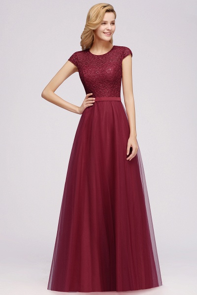 Delicate Bateau Short Sleeves A-Line Tulle Ruffles Floor-length Prom Dress_3