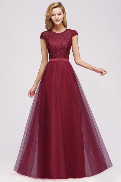 Delicate Bateau Short Sleeves A-Line Tulle Ruffles Floor-length Prom Dress_5