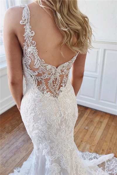 Alluring Straps Lace Appliques Crystal Mermaid Wedding Dresses_2