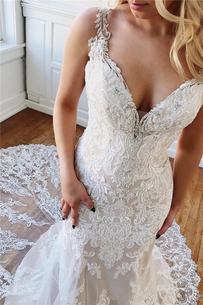 Alluring Straps Lace Appliques Crystal Mermaid Wedding Dresses_1