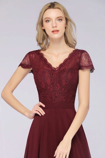 A-Line Chiffon Lace V-Neck Cap-Sleeves Floor-Length Bridesmaid Dress_7