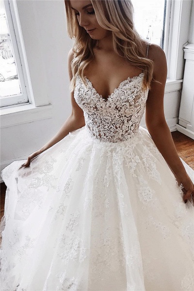 Glamorous Spaghetti-Straps Lace Appliques A-Line Wedding Dresses_1