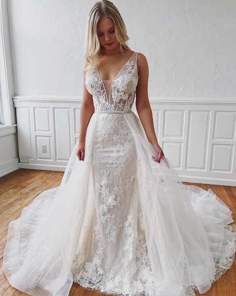 Glamorous Straps V-Neck Lace Mermaid Detachable Wedding Dresses_2