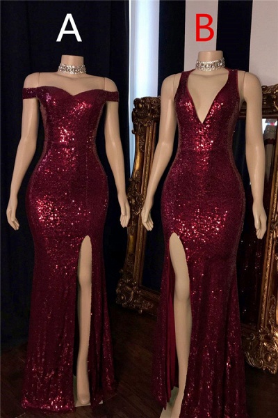 Affordable Long Mermaid Off-the-shoulder Sequined Prom Dress with Slit_1