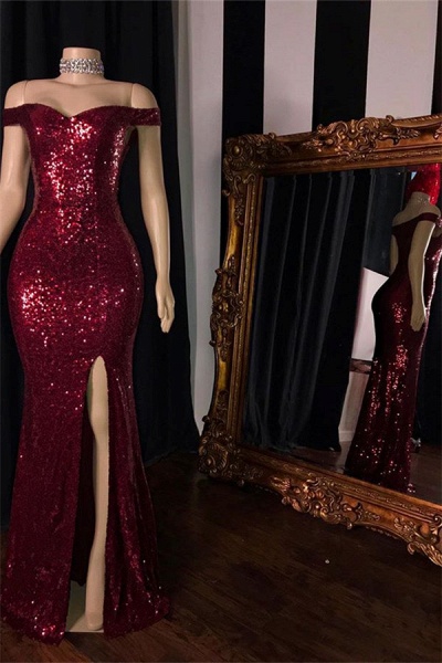 Affordable Long Mermaid Off-the-shoulder Sequined Prom Dress with Slit_2