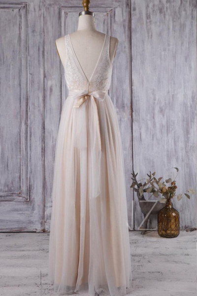 Ruffle V-neck Floor Length Lace Wedding Dress_3
