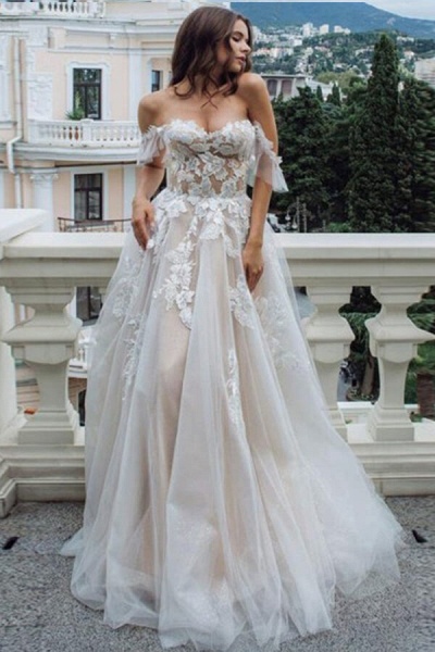 Appliques Court Train A-line Tulle Wedding Dress- Boho Wedding Dress ...