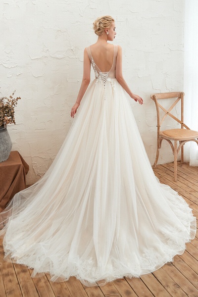 Awesome V-neck Chapel Train Tulle Wedding Dress_5