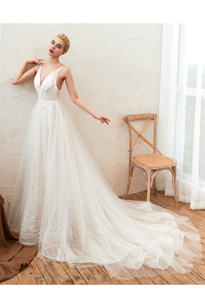 Classy A-Line Deep V-neck Floor-length Lace Tulle Open Back Wedding Dress_7