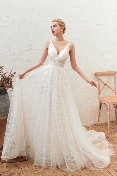 Classy A-Line Deep V-neck Floor-length Lace Tulle Open Back Wedding Dress_5