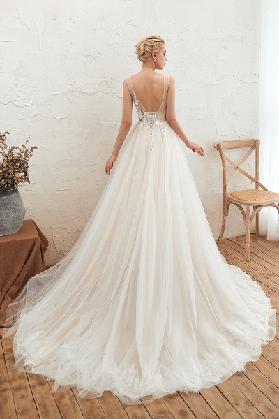 Romantic Wide Straps Deep V-neck A-Line Floor-length Tulle Wedding Dress_3