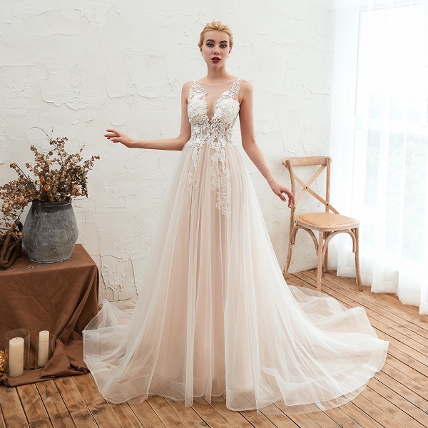 Delicate A-line Bateau Tulle Open Back Wedding Dress With Floral Lace_3