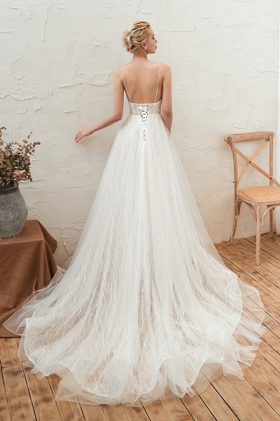 Classy A-Line Deep V-neck Floor-length Lace Tulle Open Back Wedding Dress_3