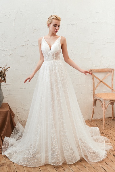 Classy A-Line Deep V-neck Floor-length Lace Tulle Open Back Wedding Dress_2