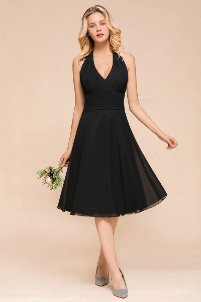 Simple Black Deep V-neck Halter Backless Knee-length Chiffon A-Line Bridesmaid Dress_1