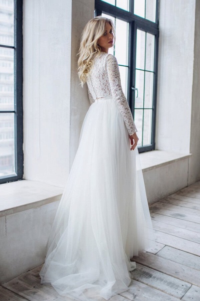 Long Sleeve Lace Chiffon Two Piece Wedding Dress_3