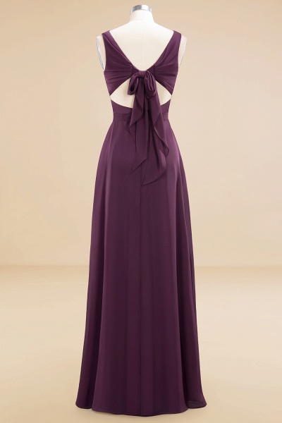 Elegantes Chiffon-V-Ausschnitt, breite Träger, A-Linie, bodenlanges Brautjungfernkleid mit Schleife_11