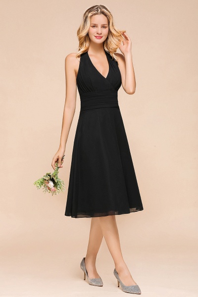 Simple Black Deep V-neck Halter Backless Knee-length Chiffon A-Line Bridesmaid Dress_5