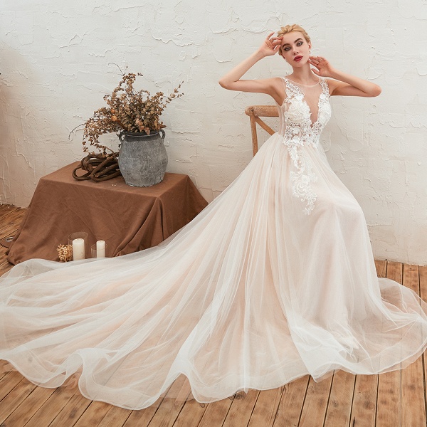 Zartes A-Linien-Hochzeitskleid aus Bateau-Tüll mit offenem Rücken und floraler Spitze_9