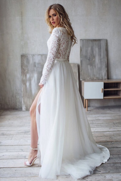 Long Sleeve Lace Chiffon Two Piece Wedding Dress_4