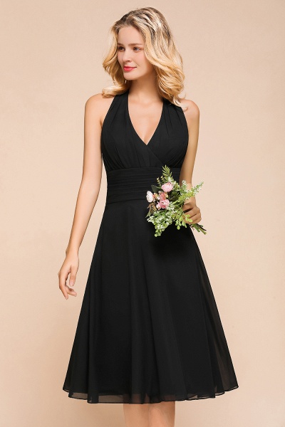 Simple Black Deep V-neck Halter Backless Knee-length Chiffon A-Line Bridesmaid Dress_6