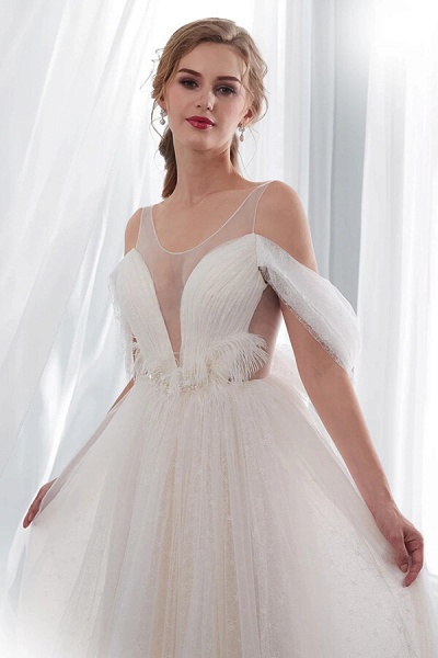 Ruffle Cold-shoulder Tulle A-line Wedding Dress_8