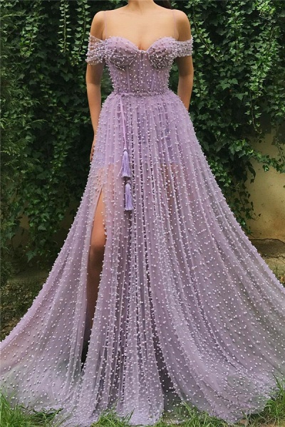 Beautiful Long A-line Off The Shoulder Tulle Prom Dress with Slit_1