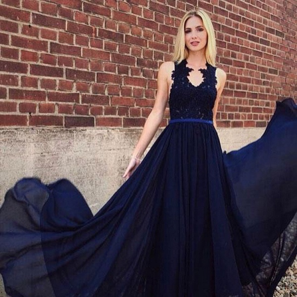 Elegant Chiffon Lace Bridesmaid Dress | Chic Sleeveless Navy Blue Wedding Party Dress_2