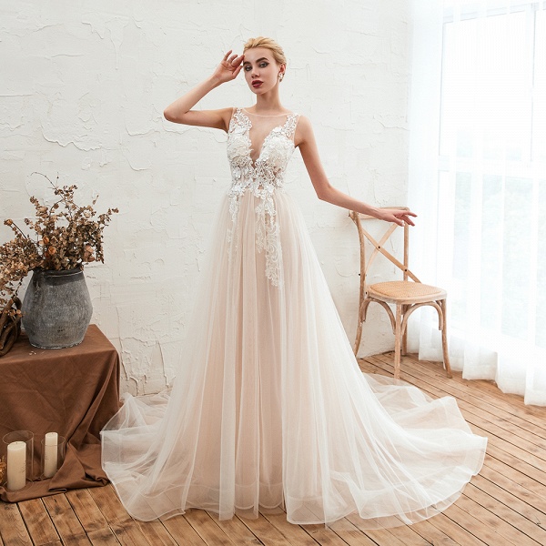 Delicate A-line Bateau Tulle Open Back Wedding Dress With Floral Lace_6