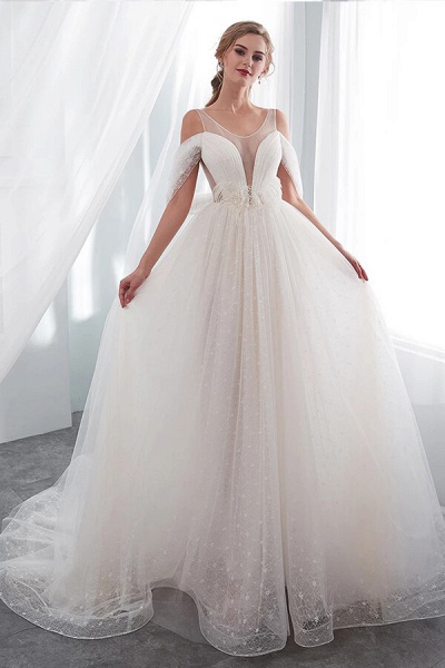 Ruffle Cold-shoulder Tulle A-line Wedding Dress_1