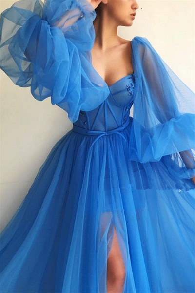 Sexy Long Sleeves Sweetheart Durchsichtig Mieder Abendkleid | Günstige Front Slit Blue Langes Abendkleid_23