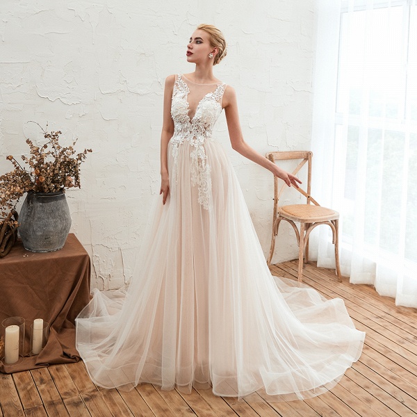 Delicate A-line Bateau Tulle Open Back Wedding Dress With Floral Lace_8