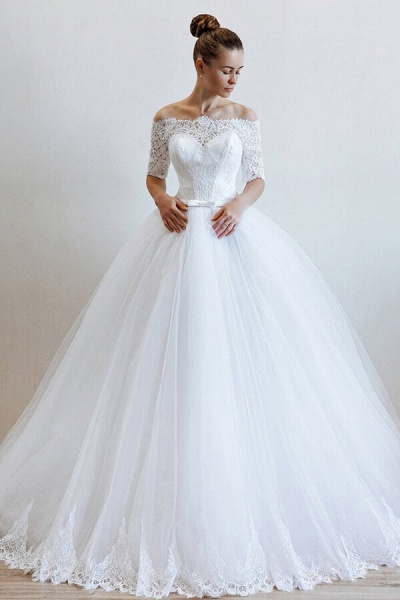 Off-the-shoulder Lace Tulle Ball Gown Wedding Dress_1