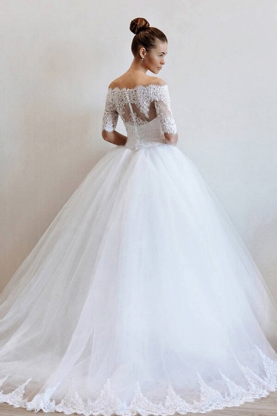 Off-the-shoulder Lace Tulle Ball Gown Wedding Dress_3