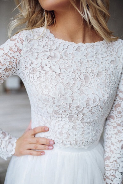 Long Sleeve Lace Chiffon Two Piece Wedding Dress_7