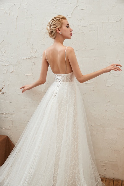 Classy A-Line Deep V-neck Floor-length Lace Tulle Open Back Wedding Dress_9