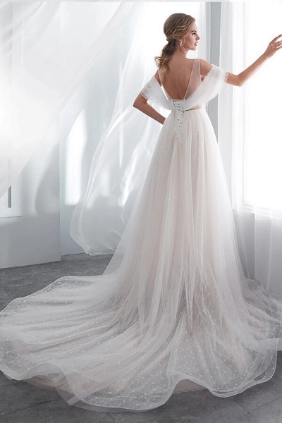 Ruffle Cold-shoulder Tulle A-line Wedding Dress_3