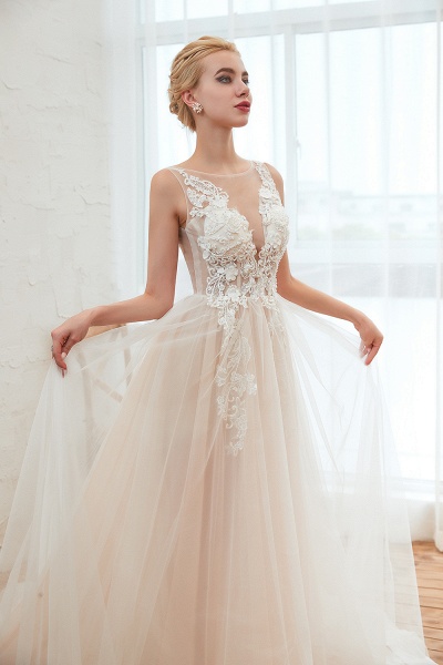 Delicate A-line Bateau Tulle Open Back Wedding Dress With Floral Lace_11