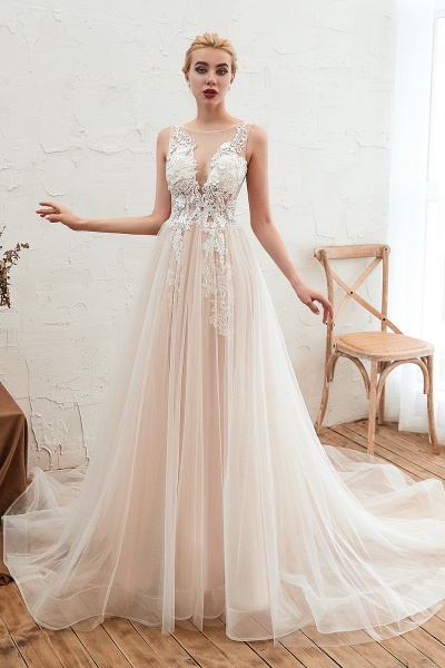 Delicate A-line Bateau Tulle Open Back Wedding Dress With Floral Lace_1